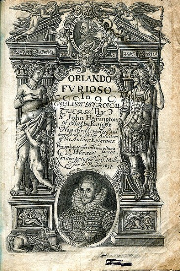 Title page of the third edition of John Harington's translation of Orlando Furioso, 1634. The first edition was 1591; courtesy Wikimedia Commons