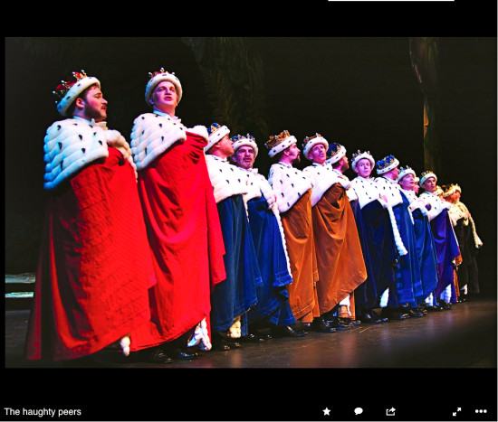 The haughty peers; far L (in red): Michael Desnoyers as Lord Tolloller and Robby Stafford as Lord Mountararat